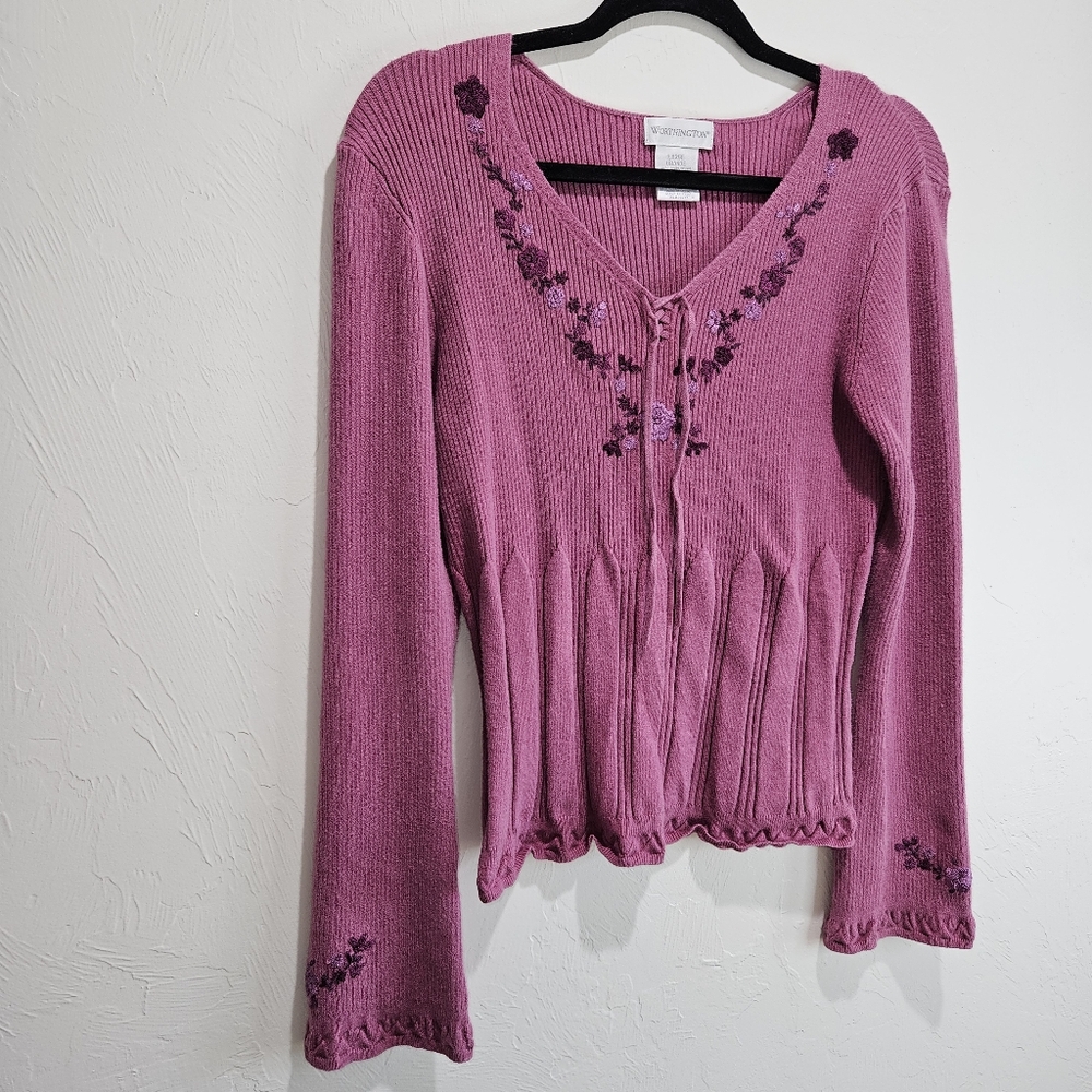 Y2K Sweater Embroidered Floral Vintage Fairycore Ribbed Knit Large Whimsy - Picture 2 of 13